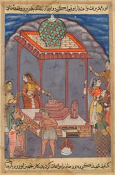 Seite aus den Geschichten eines Papageis Tuti-nama: Fünfundzwanzigste Nacht: Der mittellose Mukhtar..., um 1560