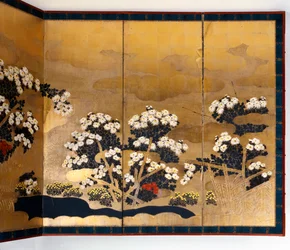 Paar von Paravents mit 6 Paneelen mit Goldhintergrund, Edo-Periode, Japanisch
