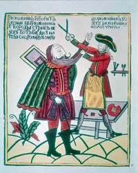 Peter I., der Große 1672-1725, Zar von Russland, schneidet den Bart eines Bojaren