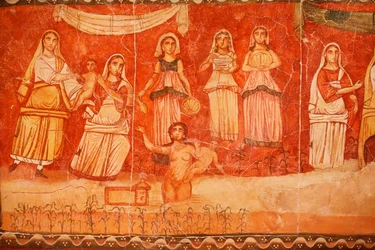 Pharao und die Kindheit des Moses, Fresko aus der Synagoge von Dura-Europos, 244-245, im Nationalmuseum von Damaskus, Foto im Jüdischen Museum New York