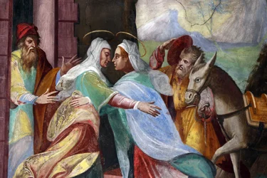 Wallfahrtskirche Madonna del Sasso. Der Besuch Marias bei Elisabeth, wie im Lukasevangelium aufgezeichnet, 20160508, Orselina, Schweiz