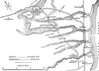 Plan der Märsche von Pearson Jan., 1879 und von Chelmsford April, 1879 nach Etschowe, um 1880