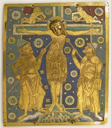 Plakette mit der Kreuzigung zwischen Longinus und Stephaton und Personifikationen..., Deutsch, ca. 1200