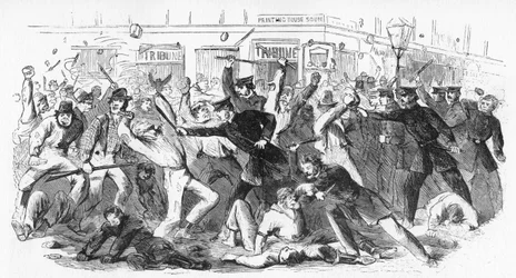 Polizeiangriff auf Randalierer im Tribune-Büro, um 1860er Jahre