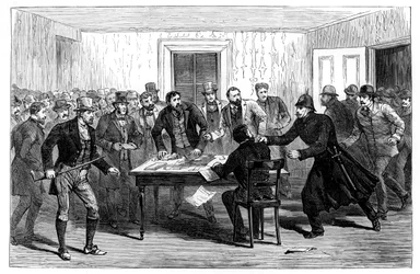 Polizeirazzia in den Büros der National Rent in Loughrea, Irland, 1887