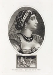Porträt von Kleopatra (Thea Philopator, 69-30 v. Chr.), mit einer Szene, die ihren Aufstieg auf den Thron von Ägypten beschreibt, umgeben von römischen Legionären
