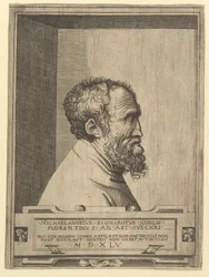 Porträt von Michelangelo im Profil nach rechts, in einer Nische, 1545