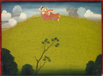 Pradyumna und Mayavati fliegen nach Dvaraka, aus dem Großen Basohli Bhagavata Purana, ca. 1760-1765