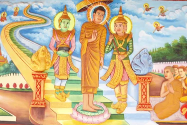 Preah Prom Rath Kloster: Leben Buddhas: Buddha besucht den Himmel und trifft die Götter Indra und Brahma, Siem Reap, Kambodscha