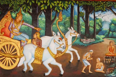 Preah Prom Rath Kloster. Leben des Buddha. Siddhartha Gautama und die vier Anblicke von Alter, Krankheit, Tod und einem Einsiedler