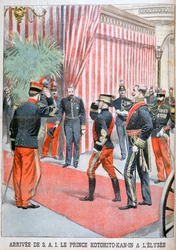 Prinz Kotohito Kan bei der Ankunft im Élysée-Palast, Paris, 1900