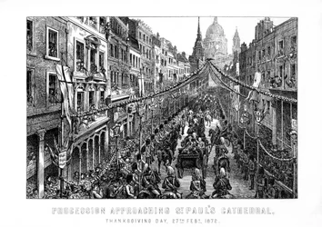 Prozession nähert sich der St. Pauls Kathedrale, Erntedankfest, 27. Februar, 1872, 1899