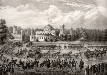 Prozession von Zar Nikolaus I. vom Petrowski-Palast in die Mariä-Entschlafens-Kathedrale während seiner Krönung im Jahr 1825, 1826