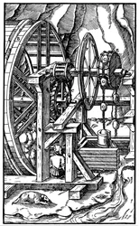 Pumpe, betrieben von Männern in einem Tretmühle, 1556