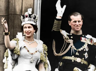 Königin Elizabeth II. und der Herzog von Edinburgh an ihrem Krönungstag, Buckingham Palace, 1953