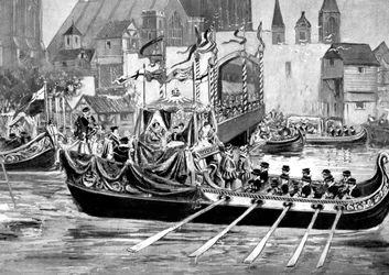 Krönungsprozession Königin Elisabeths auf dem Fluss, London, 1558, um 1905