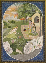 Rama, Sita und Lakshmana im Wald, Seite aus den Ramayana-Geschichten von Gott Rama, um 1830