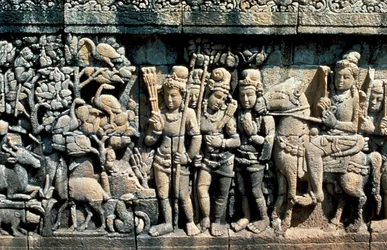 Relief zeigt Szene aus einer Sutra, Barabudur, Java, ca. 750-850