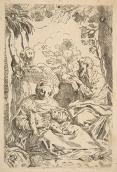 Ruhe in Ägypten, Heilige Familie sitzt, während ein Engel an Baumzweigen zieht..., ca. 1637-1639 oder danach