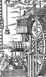 Umkehrbarer Aufzug zum Heben von Lederkübeln aus einem Minenschacht, 1556
