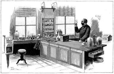 Robert Koch 1843-1910, deutscher Bakteriologe und Arzt in seinem Labor