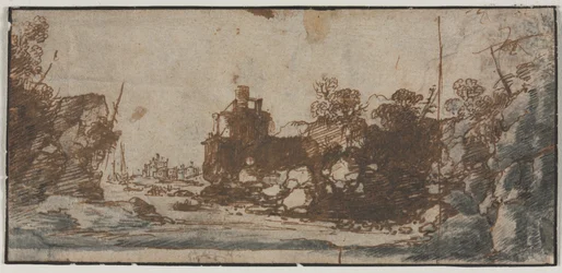 Felsige Bucht mit Booten und Gebäuden (recto), Skizzen von Burgen (verso)