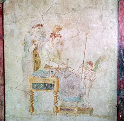 Römische Wandmalerei von Aphrodite, Eros und einer der Grazien, 1. Jahrhundert