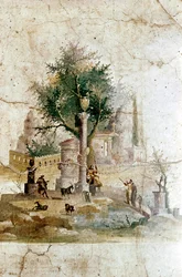Römische Wandmalerei einer mythischen Landschaft, Villa des Agrippa Postumus, nahe Pompeji, Italien