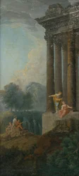 Romantische Landschaft mit antiker Ruine und Staffage