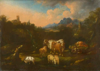 Romantische Landschaft mit Herde