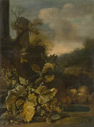 Romantische Landschaft mit Stillleben und antiker Säule