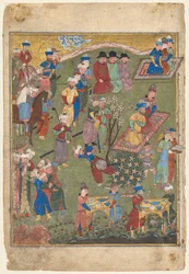 Königliches Fest in einem Garten recto aus dem doppelseitigen Frontispiz eines Shahnama..., 1444