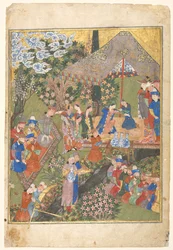 Königlicher Empfang in einer Landschaft, rechtes Folio aus einem doppelseitigen Frontispiz..., 1444