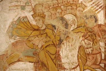 Malerei der Abtei Saint-Savin: Könige, die von Abraham und seinen Anhängern angegriffen werden, Saint-Savin-sur-Gartempe, Frankreich