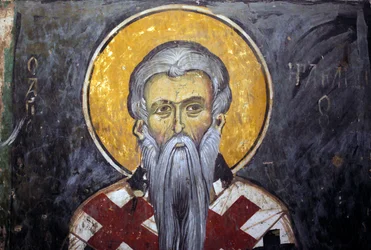 Der heilige Iraklion (Heraklion) Byzantinisches Fresko aus dem Agios Ioannis Lampadistis Kloster, Heiliger Johannes Lampadistis 11. Jahrhundert Zypern Bemalte Kirchen UNESCO-Stätte Troodos, Zypern