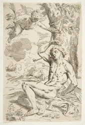Heiliger Sebastian, mit Pfeilen durchbohrt und an einen Baum gebunden, Kopie nach Cantarini, ca. 1639 oder später