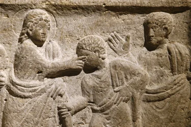 Abtei Saint Victor, Marseille. Sarkophag-Detail: Jesus heilt einen Blinden, Frankreich