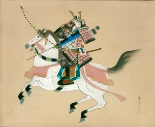 Samuraikrieger zu Pferde. Japanisches Gemälde auf Seide in traditionellem japanischem Stil