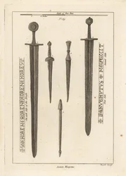 Sächsische Waffen: antikes Eisenschwert 1,2, und Dolche und Messer 3,4, gefunden im Fluss Wytham, Lincolnshire, und ein Armbrustbolzen, gefunden im Lager in Danbury, Essex 5