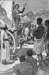 Schottischer Entdecker und Missionar David Livingstone predigt von einem Wagen, Afrika