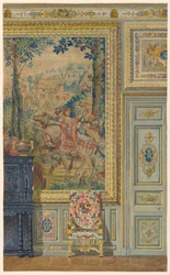 Abschnitt einer Wand mit Teil eines flämischen Wandteppichs, Wandteppichzimmer, Schloss Fontainebleau, Frankreich