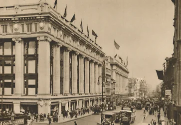 Selfridges und die letzten alten Geschäfte in der Oxford Street, die das Gebäude verschlang, um 1935