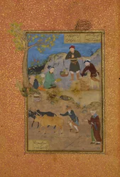 Shaikh Mahneh und der Dorfbewohner, Folio 49r aus einem Mantiq al-tair Sprache der Vögel