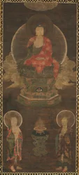 Shakyamuni-Triade: Buddha begleitet von Manjushri und Samantabhadra Buddha, späte 1300er