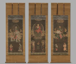 Shakyamuni-Triade: Buddha begleitet von Manjushri und Samantabhadra, späte 1300er