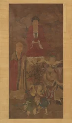 Shakyamuni mit Luohan, Himmelskönig und Jungen