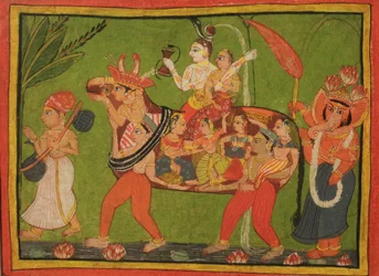 Shiva und Parvati auf einer zusammengesetzten Kuh aus Frauen