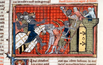 Belagerung einer Stadt unter der Führung von Godefroy de Bouillon, um 1099, 14. Jahrhundert