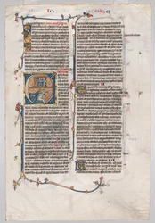 Einzelblatt aus einer Bibel: Initiale E[t factum est] mit Jona, der vom Wal verschlungen wird, um 1290