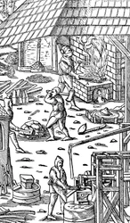 Eisen schmelzen und Stangen mit einem mechanischen Hammer schmieden, 1556